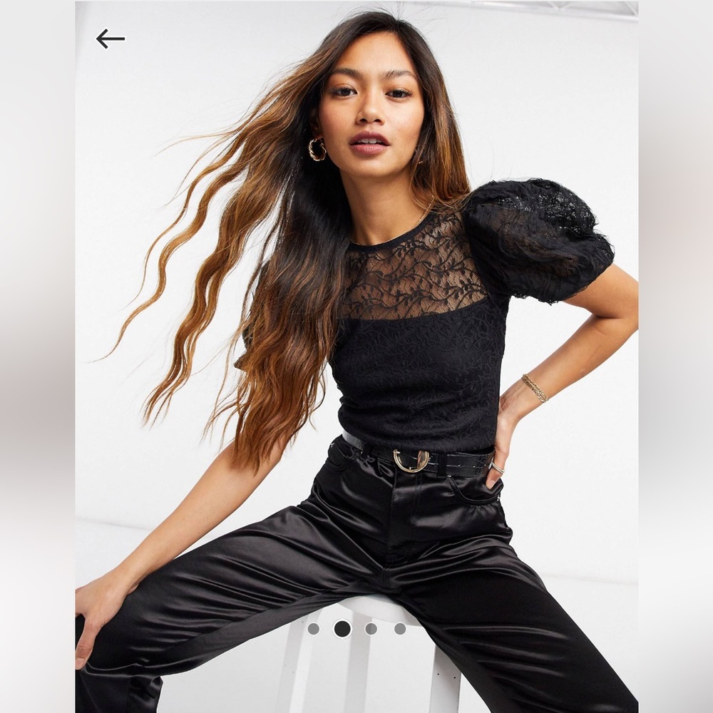 River Island lace black puff sleeve top in black sheer short sleeves size 14